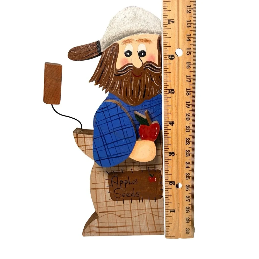 Vintage 1995 Johnny Appleseed Hand Painted Wood Folk Art Wall Decor Signed 7" - Picture 9 of 10